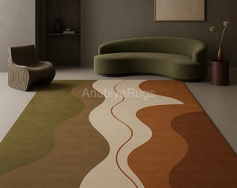 Hand-Tufted Wool Wave Rug: Earthy Olive Green, Terracotta, Beige - Mid-Century Modern