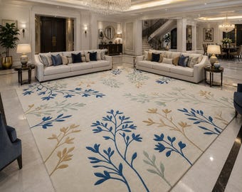 Alfombra de lana floral personalizada de pared a pared, alfombra de lujo tejida a mano, alfombra grande para sala de estar, diseño botánico, alfombra hecha a mano a medida.