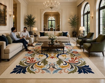 Alfombra de lujo tejida a mano para gran salón, alfombra de lana de pared a pared, alfombra grande con estampado floral colorido, alfombra tradicional para sala de estar, alfombra a medida.