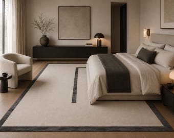 Tapete minimalista escandinavo feito à mão em lã e viscose | Tapete com borda em tons de branco, creme e carvão para sala de estar e quarto grandes