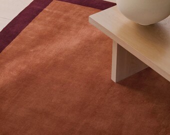 Modern Rust Terracotta Wool Rug, Handmade Minimalist Area Rug with Burgundy Border, Tufted Aesthetic Living Room & Bedroom Decor