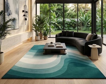 Hand Tufted Wool Area Rug, Teal Blue Abstract Rug, Wavy Geometric Carpet, Modern Living Room Rug, Contemporary Custom Size Decor