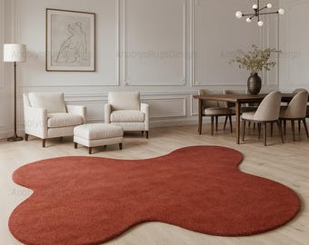 Organic Shape Terracotta Wool Rug, Hand Tufted Irregular Area Rug, Modern Abstract Plush Carpet, Luxury Living Room Decor