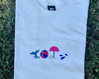 Geborduurd T-shirt Beach Vibes, borduurwerk, katoenen T-shirt, oceaan, strand, zomer, plezier, kust, leuk cadeau T-shirt borduurwerk