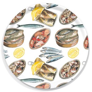 Bandeja redonda de conservas de pescado (sardinas y anchoas) / Acuarela pintada a mano / Bandeja para servir / 38 cm (15 pulgadas) de madera de abedul redonda