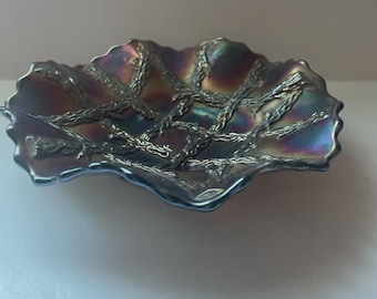 Iridescent Amethyst Carnival Glass Ruffled Edge Bowl Grapevine Lattice Pattern