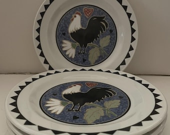 Ceramic Barnyard Blues Rooster Salad or Dessert Plates Set of 4