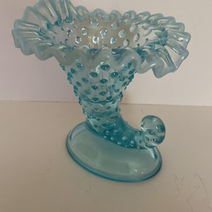 Vintage Fenton Opalescent Blue Hobnail Art Glass Cornucopia Candlestick Holder
