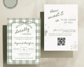 Invitación para baby shower de mercado de agricultores / Cuadros verdes (plantilla digital editable de Canva)