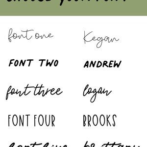 May include: A white background with the text "CHOOSE YOUR FONT" in black. Below are examples of different fonts, including "font one", "Kegan", "FONT TWO", "ANDREW", "font three", "logan", "FONT FOUR", "BROOKS", "font five", and "brittany".
