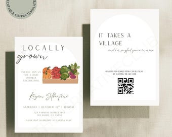 Invitación para baby shower con productos locales / Tema de mercado agrícola editable en Canva