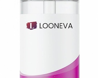 May include: A clear glass serum bottle with a white cap and dropper. The label features the brand name "LOONEVA" and the words "SERUM" and "HYALURONIC ACID" in a purple gradient design. The product is labeled as "ANTI-AGING CARE".