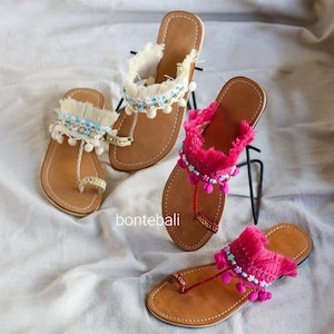 Pom pom Sandals, Summer Sandals, Beaded boho slides, Bohemian summer sandals, Handcrafted sandals with beads,  Natural Leather Sandals