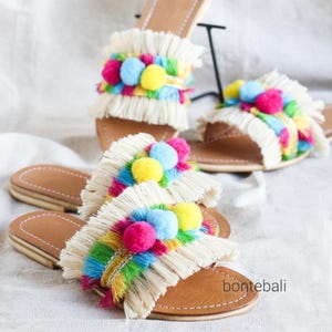 Pom pom Sandals, Summer Sandals, Beaded boho slides, Bohemian summer sandals, Handcrafted sandals with beads,  Natural Leather Sandals