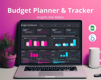 May include: A laptop displaying a budget planner dashboard with charts and graphs. The screen shows financial data, including planned and actual expenses and income. The text "Budget Planner & Tracker" is at the top, with the words "Insights that Matter" below it.