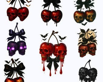 Cherry Skull PNG Bundle | Gothic Dark Aesthetic Digital Download, Halloween Skull Clipart, Creepy Fruit Art for Sublimation & Stickers