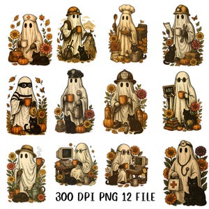 Mysigt Halloween-spökekaraktärspaket i PNG | 12 vintage-klipp med läskiga yrken | Söta höstspöken för klistermärken, journalföring, sublimering