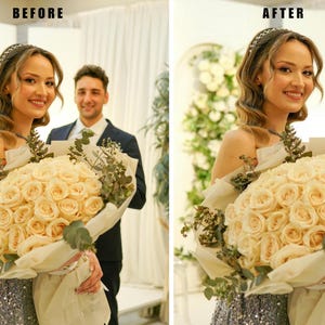May include: A woman holding a large bouquet of cream-colored roses wrapped in white paper. The bouquet is accented with greenery. The woman is smiling and wearing a silver sequined dress and a headband. A man in a suit is in the background.