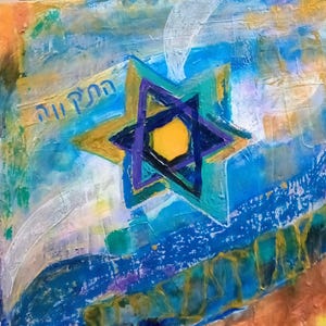 May include: Abstract painting featuring a Star of David in shades of yellow, purple, and blue. The artwork has a textured appearance with visible brushstrokes and the Hebrew text "Hope" in the upper left corner.