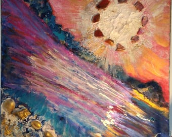 Mixed Media Canvas Art, Moonstone, Seashells, Rhinestones, Radiant Moonrise Painting