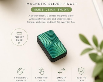 May include: A rectangular magnetic slider fidget toy with a metallic green, ripple-textured top surface and a black base. The text reads: SMALL IN SIZE. MEET THE Ripple MAGNETIC SLIDER FIDGET. SLIDE. CLICK. ENJOY. POCKET SIZED. 8 POWERFUL MAGNETS. SATISFYING CLICKS. SMOOTH SLIDES. BUILT TO LAST. PERFECT FOR. WORK. STUDY. GAMING. RELAXING. ON THE GO. SMALL FIDGET. BIG SATISFACTION.