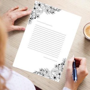 Black and white flowers minimalistic aesthetic writing template for letters with lines printable
