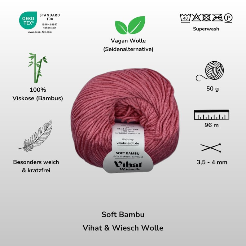 Puede incluir: Un ovillo de hilo rosa polvoriento etiquetado como Soft Bambu de Vihat & Wiesch Wolle. La etiqueta indica 100% viscosa de bamb&uacute;, 50 gramos, 96 metros y un tama&ntilde;o de aguja recomendado de 3,5 a 4 mm. Cuenta con la certificaci&oacute;n Oeko-Tex Standard 100.