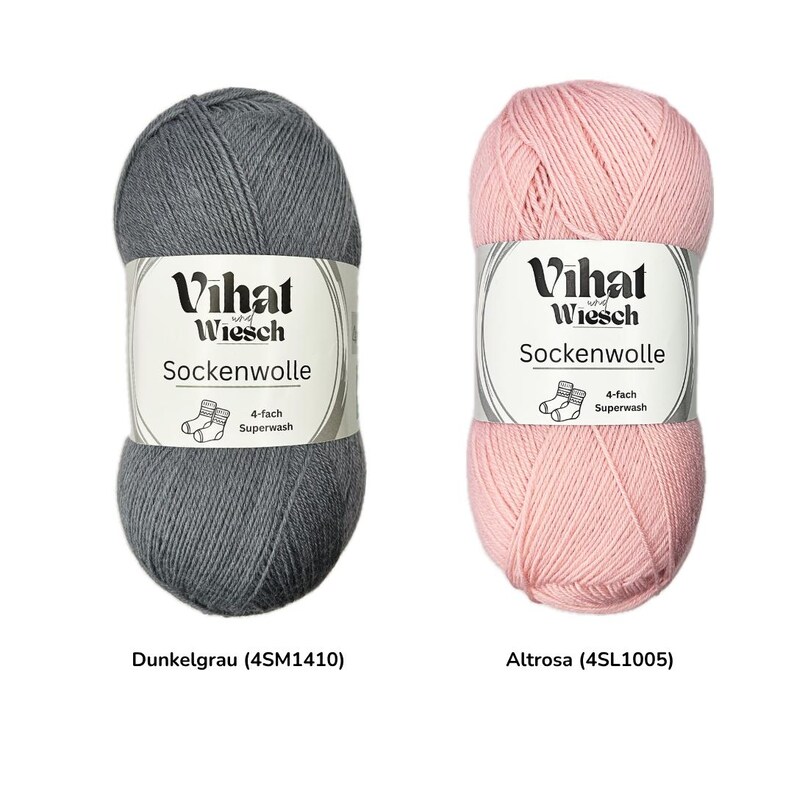 May include: Two skeins of Vihat Wiesch Sockenwolle yarn. One is dark gray, labeled "Dunkelgrau," and the other is light pink, labeled "Altrosa." Each skein has a white label with the brand name, yarn type, and "4-fach Superwash" text.