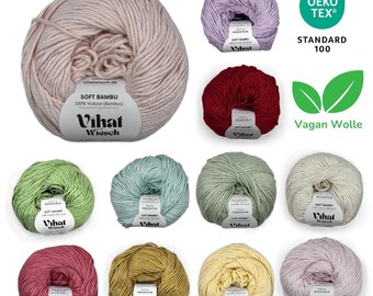 May include: A collection of eleven skeins of Soft Bambu yarn in various colors including light pink, lavender, red, green, light blue, sage, cream, dark pink, mustard yellow, pale yellow, and mauve, each with a white label reading Vihat Wiesch.