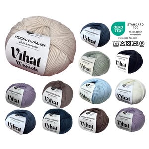 May include: A selection of merino wool yarn balls in shades like beige, blue, and grey. Each ball features a label with "MERINO EXTRAFINE" and the brand "Vihat Wiesch". The image also displays an Oeko-Tex Standard 100 label, indicating quality.