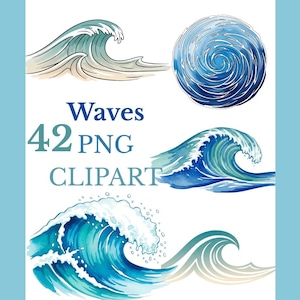 May include: Watercolor clipart set featuring various wave illustrations in shades of blue and teal. The text "Waves 42 PNG CLIPART" is displayed in blue and teal. The image includes a variety of wave designs, including a swirling wave and breaking waves.