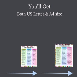 May include: A digital chart titled Osteoporosis Food List with three columns labeled Eat, Limit, and Avoid, featuring bulleted food items. The text You'll Get Both US Letter & A4 size appears above two identical charts with light blue arrows pointing right.