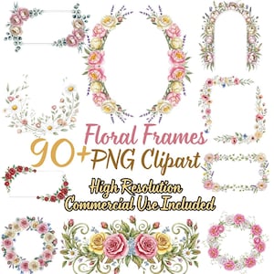 90+ Hand Drawn Floral Frames and Borders PNG | Watercolor Botanical Clipart for Cards & Invitations | Transparent Background Clip Art Bundle