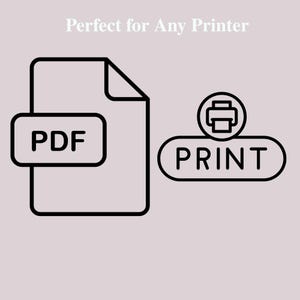 May include: Black and white graphic with the text "Perfect for Any Printer". The image features a PDF icon, a document icon, and a print icon. The background is a light purple color.
