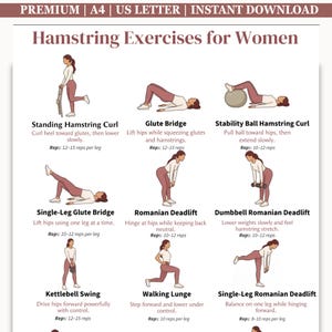 Può includere: Un poster didattico intitolato Hamstring Exercises for Women che presenta nove illustrazioni di una persona che esegue vari esercizi, tra cui flessioni dei bicipiti femorali, ponti per i glutei, esercizi con palla, stacchi da terra e swing con kettlebell.