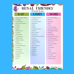 Op de afbeelding: Een kleurrijke grafiek genaamd "RENAL FRIENDLY Food List" categoriseert voedsel in "EAT", "LIMIT" en "AVOID" secties. De grafiek toont diverse voedingsmiddelen, waaronder fruit, groenten en eiwitbronnen, met een cartoonfiguur bovenaan.