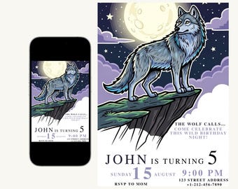 Cartoon Wolf-Geburtstagseinladung, Waldparty (printable)