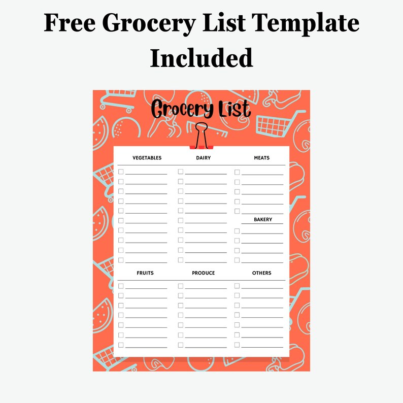 May include: A printable grocery list template with the text "Free Grocery List Template Included." The list is on an orange background with a pattern of shopping carts and food items. Categories include vegetables, dairy, meats, fruits, produce, bakery, and others.