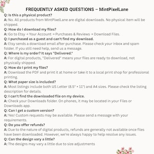 K&ouml;nnte beinhalten: Ein wei&szlig;es Informationsdokument mit dem Titel FREQUENTLY ASKED QUESTIONS &ndash; MintPixelLane und schwarzem Text, der digitale Download-Verfahren, Druckanleitungen, Papierformate wie A4 sowie R&uuml;ckgaberichtlinien erl&auml;utert, verziert mit floralen Akzenten.