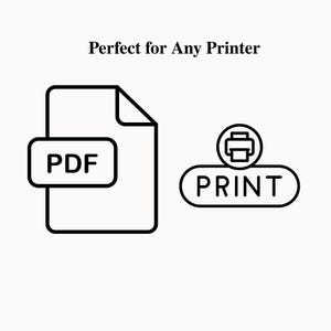 May include: A black and white graphic featuring the text Perfect for Any Printer at the top. On the left is a document icon with a PDF label, and on the right is a printer icon above a rounded rectangular label containing the word PRINT.