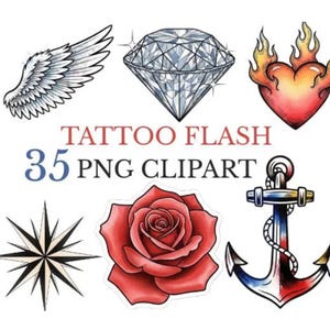 35 Tattoo Flash PNG Clipart Set | Traditional Tattoo Flash PNG | High Quality Tattoo Flash Sheets | Vector Style Digital Download
