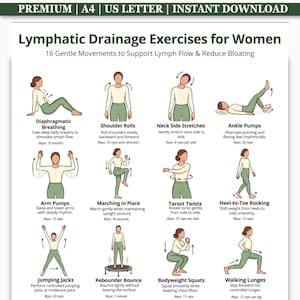 May include: A digital chart titled Lymphatic Drainage Exercises for Women featuring 16 illustrations of a person in a cream long-sleeve shirt and green leggings performing movements like diaphragmatic breathing, shoulder rolls, and squats.