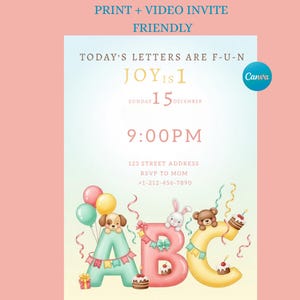 Alphabet Birthday Invitation – Editable Alphabet Invite for Kids – 5x7 Digital Card – Soft Pastel Letter Theme