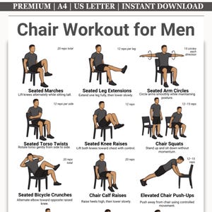 May include: A digital workout guide titled Chair Workout for Men featuring nine illustrated exercises. Each graphic shows a person in a grey t-shirt and black shorts performing movements like seated marches, leg extensions, and push-ups on a chair.