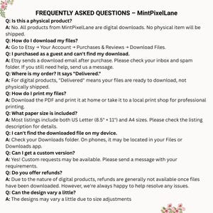 May include: A white informational graphic titled FREQUENTLY ASKED QUESTIONS &ndash; MintPixelLane with black text detailing digital download procedures, printing instructions, paper sizes, custom requests, refund policies, and design variations for customers.