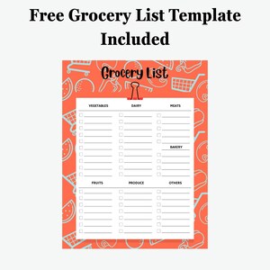 Puede incluir: Una plantilla imprimible de lista de compras con un fondo coral y un patr&oacute;n repetido de carritos de la compra, sand&iacute;as y otras ilustraciones relacionadas con la comida. Las palabras "Free Grocery List Template Included" est&aacute;n en la parte superior. La lista est&aacute; dividida en categor&iacute;as.