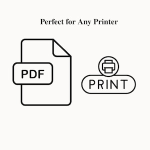 K&ouml;nnte beinhalten: Eine schwarz-wei&szlig;e Grafik mit dem Text Perfect for Any Printer oben. Links befindet sich ein Dokumentensymbol mit der Aufschrift PDF und rechts ein Druckersymbol &uuml;ber einem abgerundeten rechteckigen Etikett mit dem Wort PRINT.