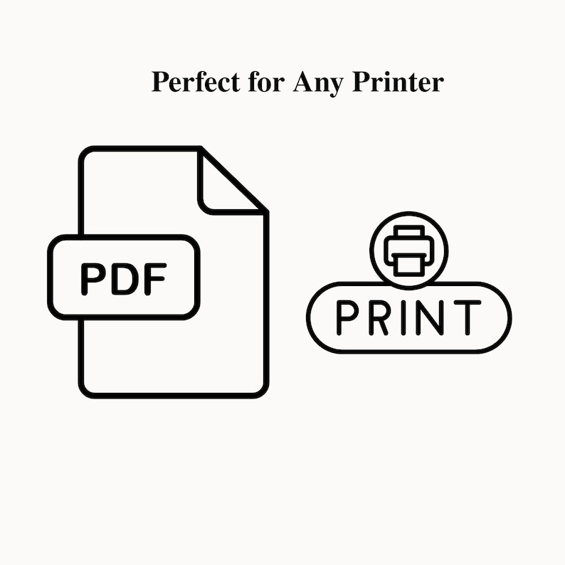 K&ouml;nnte beinhalten: Eine schwarz-wei&szlig;e Grafik mit dem Text Perfect for Any Printer oben. Links befindet sich ein Dokumentensymbol mit der Aufschrift PDF und rechts ein Druckersymbol &uuml;ber einem abgerundeten rechteckigen Etikett mit dem Wort PRINT.
