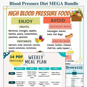 May include: A colorful infographic titled "Blood Pressure Diet MEGA Bundle" with lists of foods to enjoy and avoid. Includes a weekly meal plan and a grocery list. Fruits, vegetables, and lean proteins are highlighted.