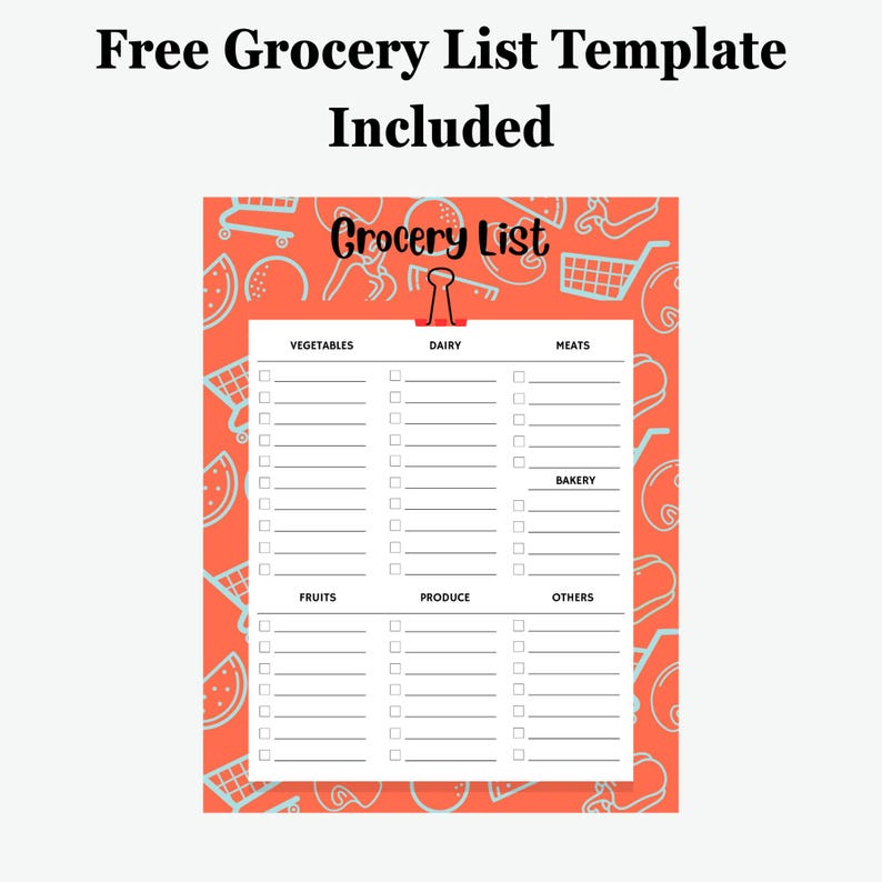 May include: A printable grocery list template with a coral background and a repeating pattern of shopping carts, watermelons, and other food-related illustrations. The words "Free Grocery List Template Included" are at the top. The words "Grocery List" are at the top of the list.